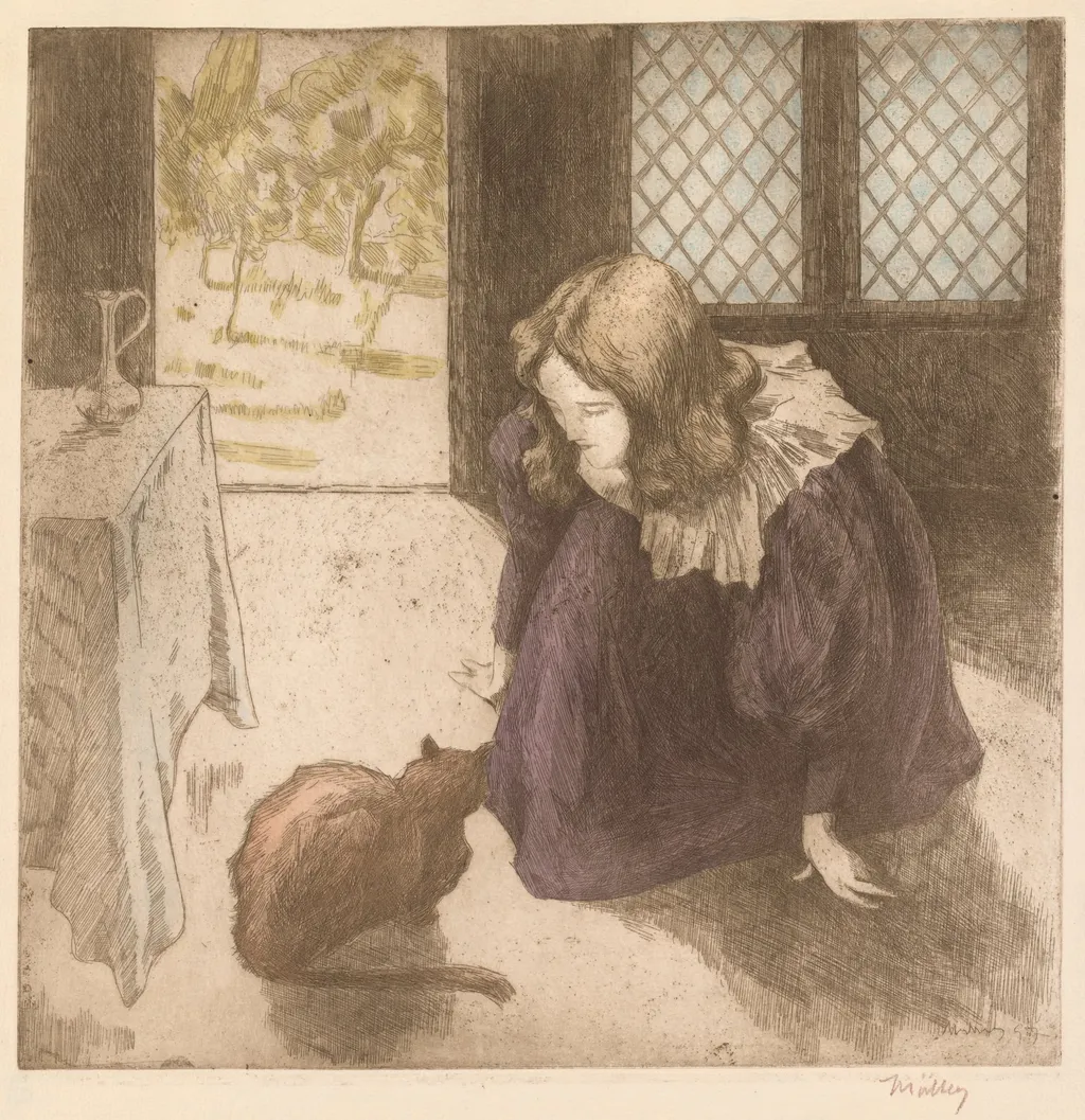 Interior, Little Girl with Cat (La Petite fille au chat), by Alfredo Müller, 1897