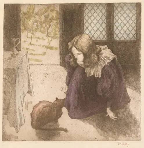 Interior, Little Girl with Cat (La Petite fille au chat), by Alfredo Müller, 1897