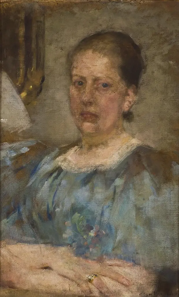 Portrait of a woman in a blue blouse, by Olga Boznańska, oil, 1900