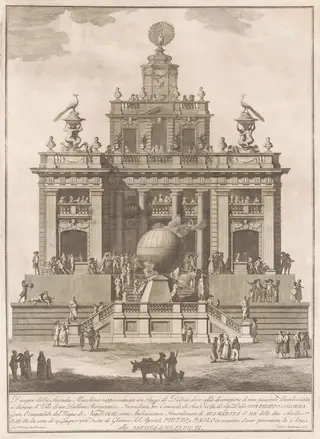 The Seconda Macchina for the Chinea of 1785: A Pleasure Palace with an Air Balloon, by Francesco Barbazza, ink, 1785