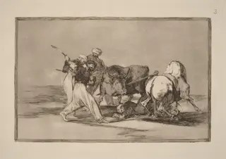 Los moros establecidos en Espana, prescindiendo de las supersticiones de su Alcoran, adoptaron esta caza y arte, y lancean un toro en el campo  (The Moors Settled in Spain, Giving up the Superstitions of the Koran, Adopted This Art of Hunting, and Spear a Bull in the Open), by Francisco de Goya, ink, 1816