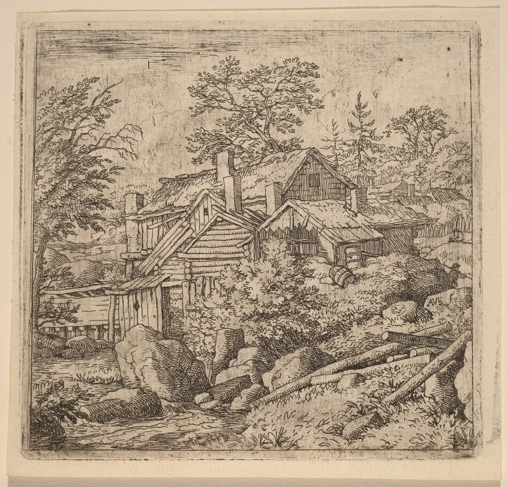 Hamlet on a Mountain Side, by Allart van Everdingen, ink, 1650