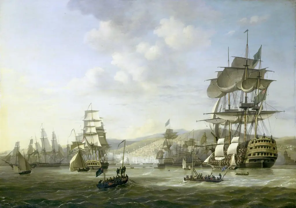 The Anglo-Dutch Fleet in the Bay of Algiers Backing up the Ultimatum to Release the Christian Slaves, 26 August 1816, by Nicolaas Baur, oil, 1818