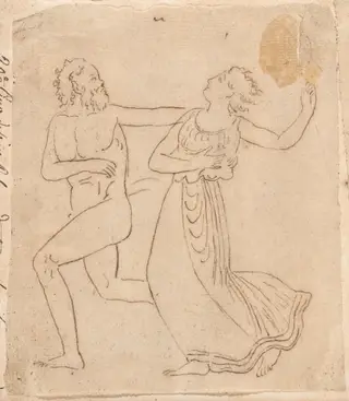 Satyr and Maenad, from Dance in Honor of Bacchus, by Jacques-Louis David, oil, 1778