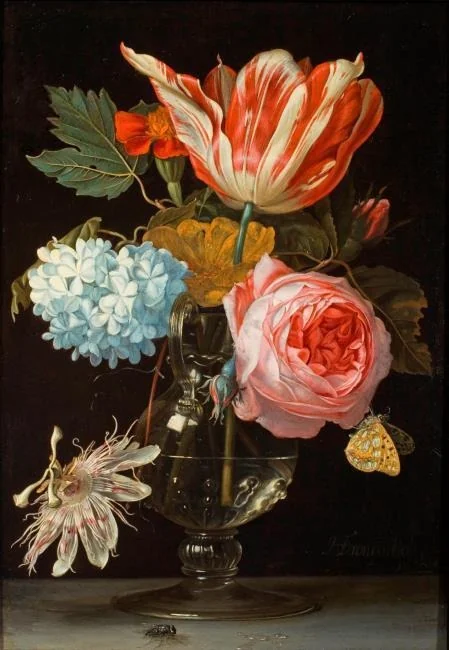 Flowers in a vase with a passion flower, detail