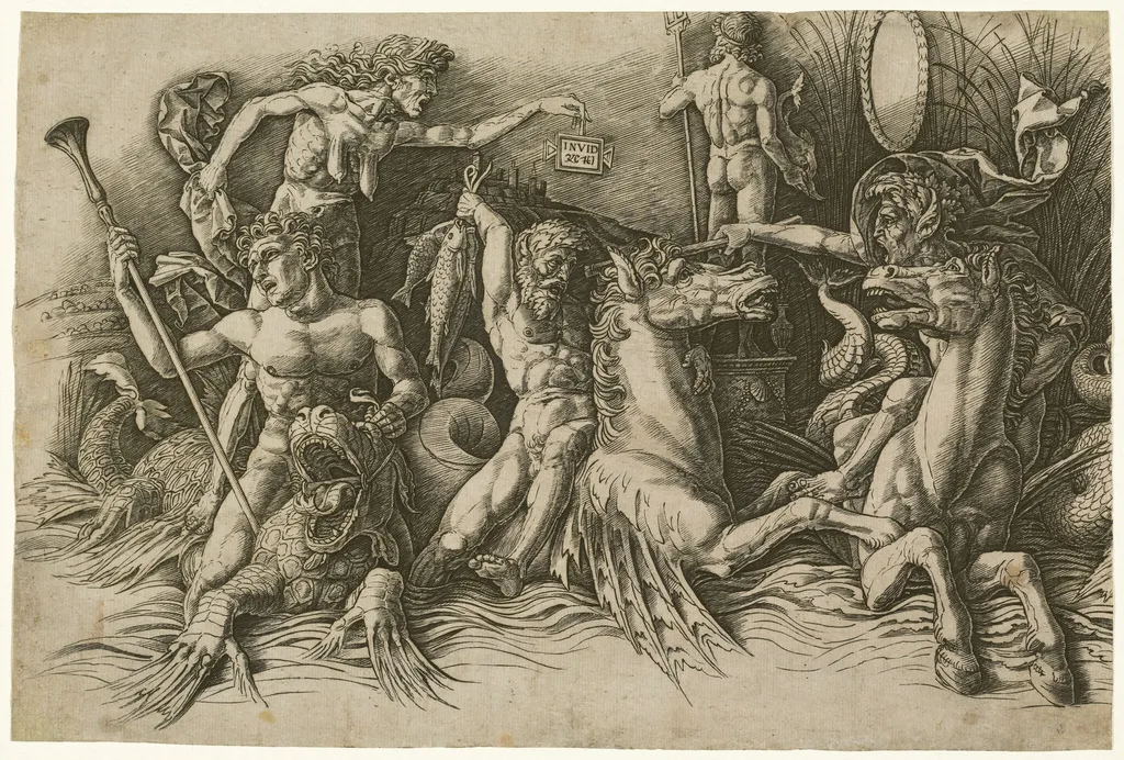 Battle of the Sea Gods [left half], by Andrea Mantegna, ink, 1481