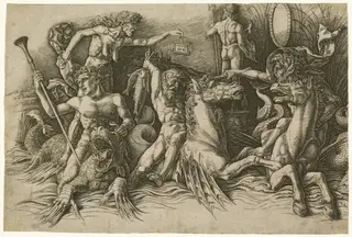 Battle of the Sea Gods [left half], by Andrea Mantegna, ink, 1481