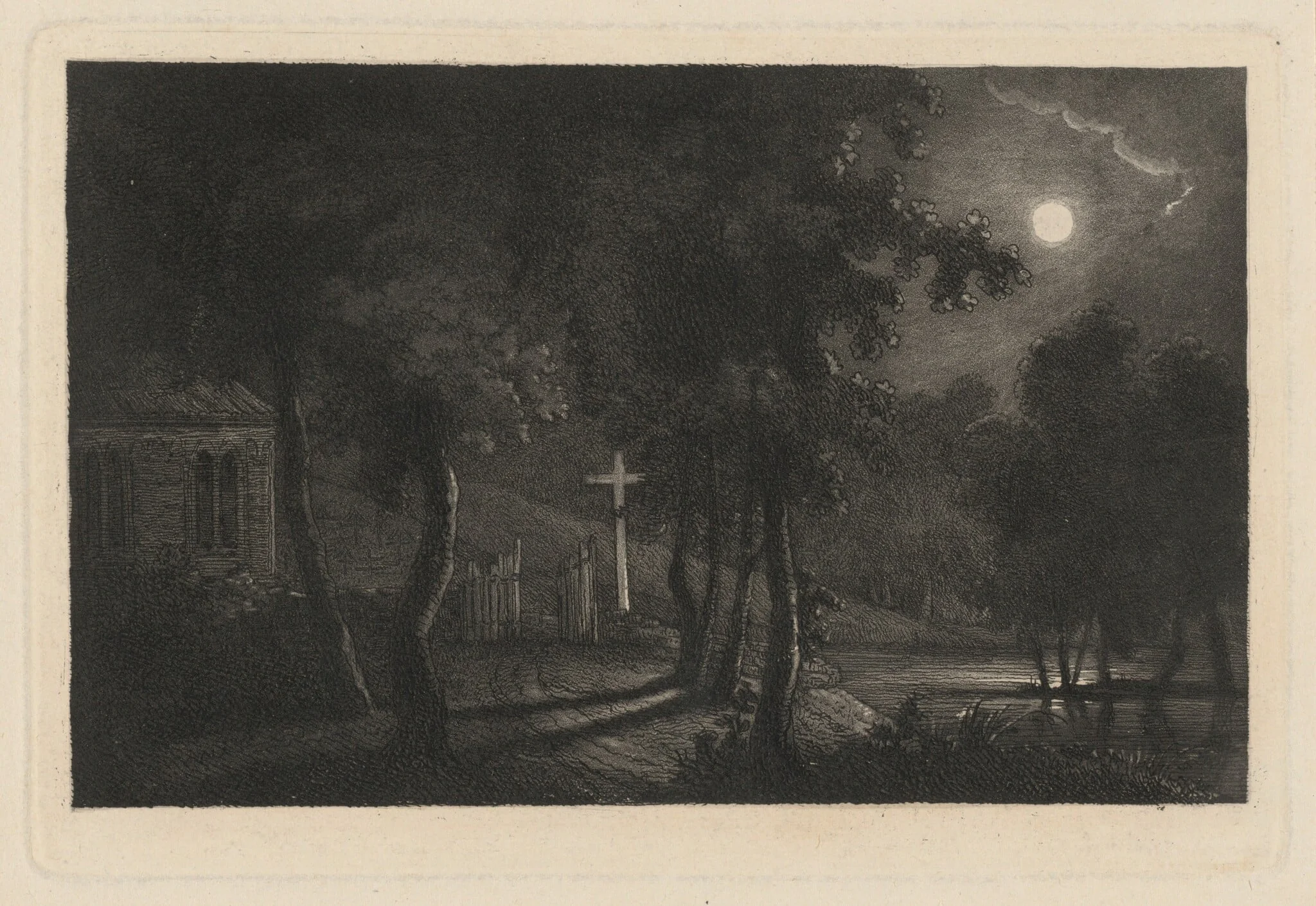A Lakeside Chapel by Moonlight, detail