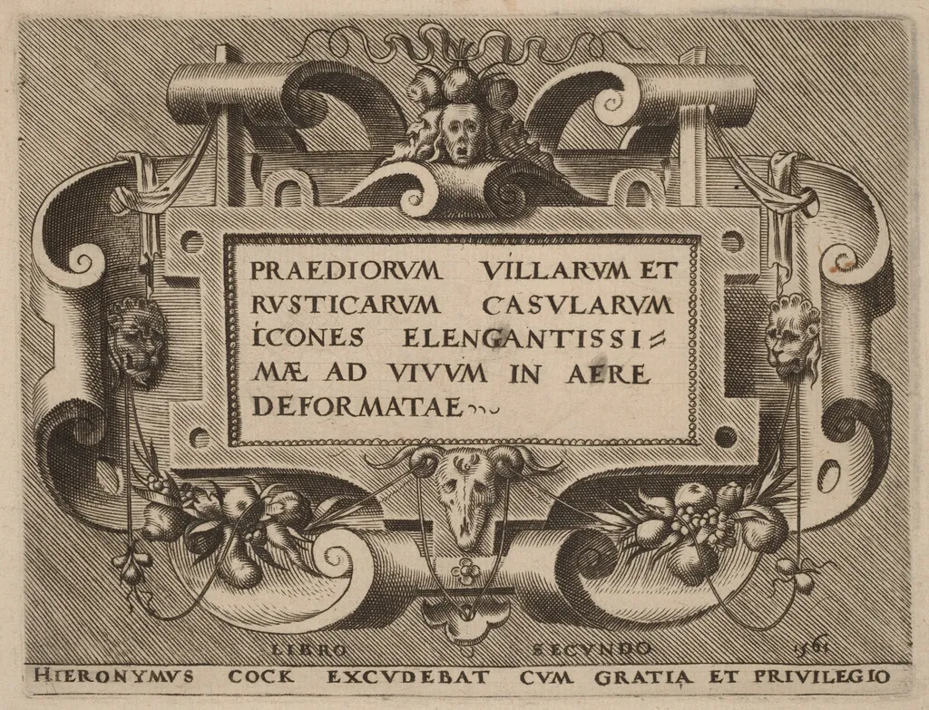 Title Page for "Praediorum Villarum", by Hieronymus Cock, ink, 1561