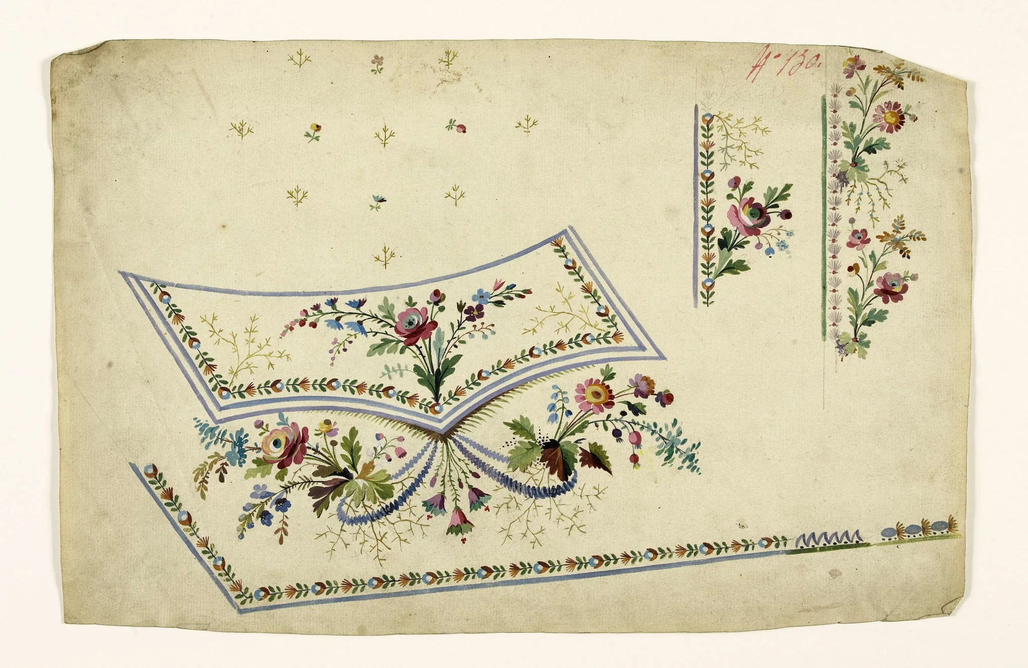 Composition florale avec bouquets et frises de fleurs stylisées, projets de broderies de gilet, XVIIIème siècle, detail