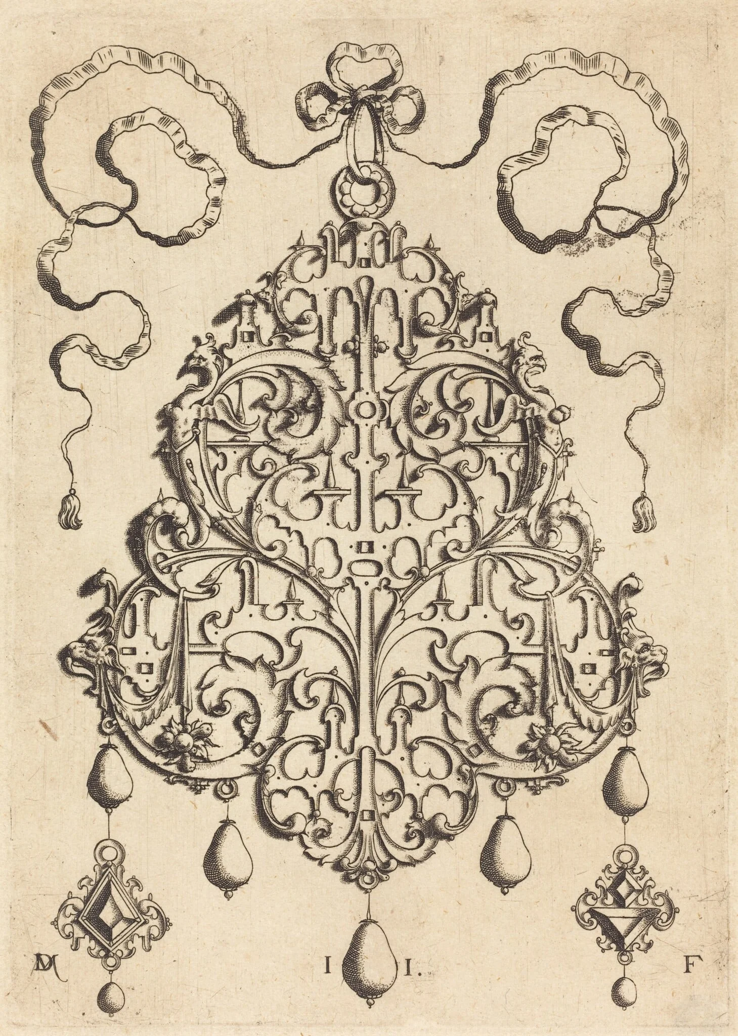 Large Strapwork Pendant with Two Hangers as Earrings at Left and Right, detail