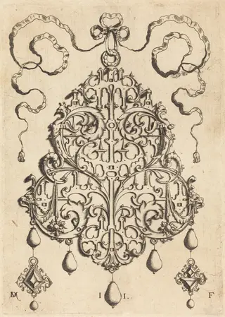 Large Strapwork Pendant with Two Hangers as Earrings at Left and Right, by Daniel Mignot, ink, 1584
