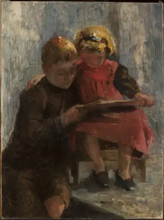 Study of two children, by Julius Scholtz, oil, 1869