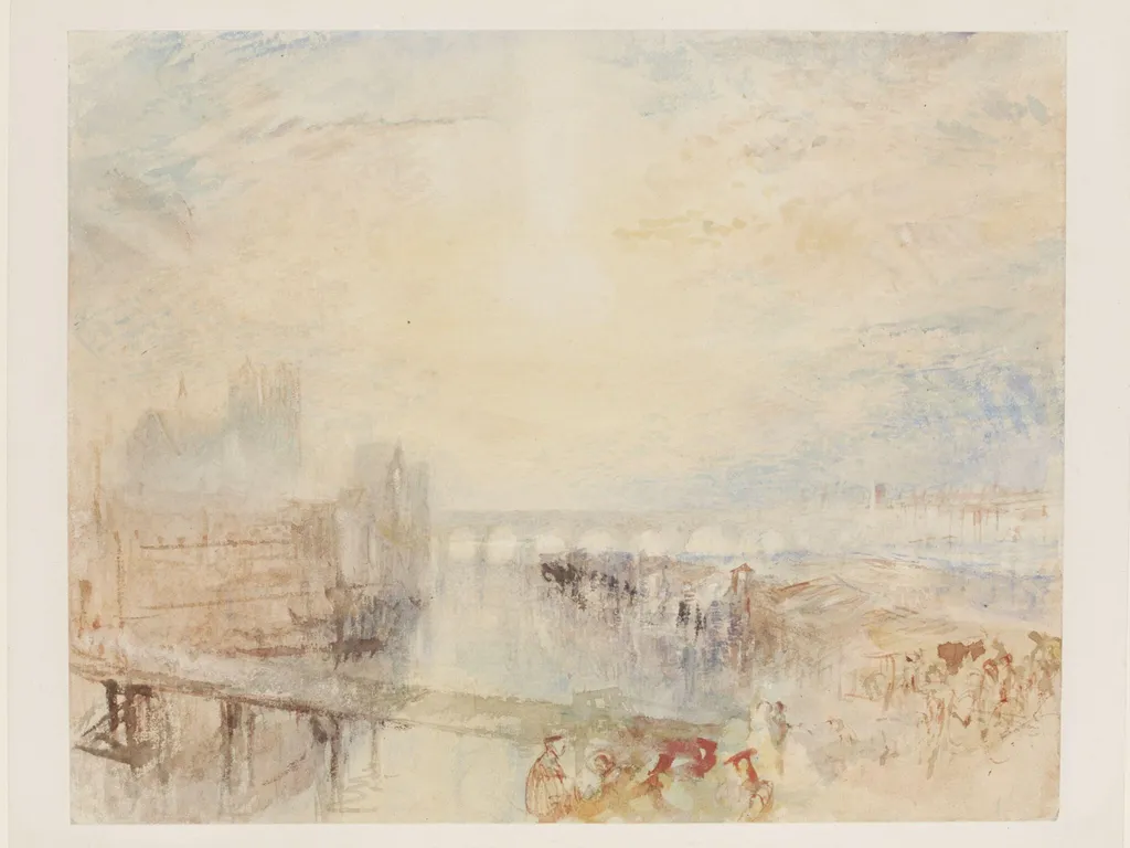 View of the Danube and Regensburg cathedral at sunset, by Joseph Mallord William Turner, watercolor, 1840