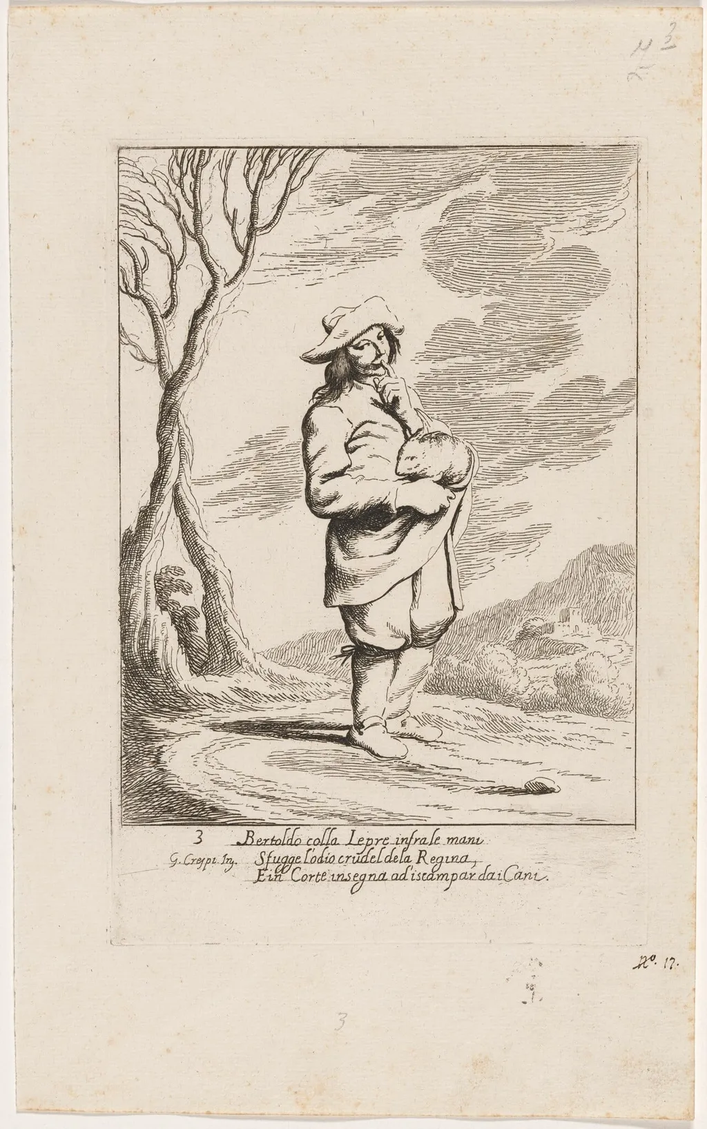 Bertoldo Holding a Hare, by Giuseppe Maria Crespi, ink, 1712