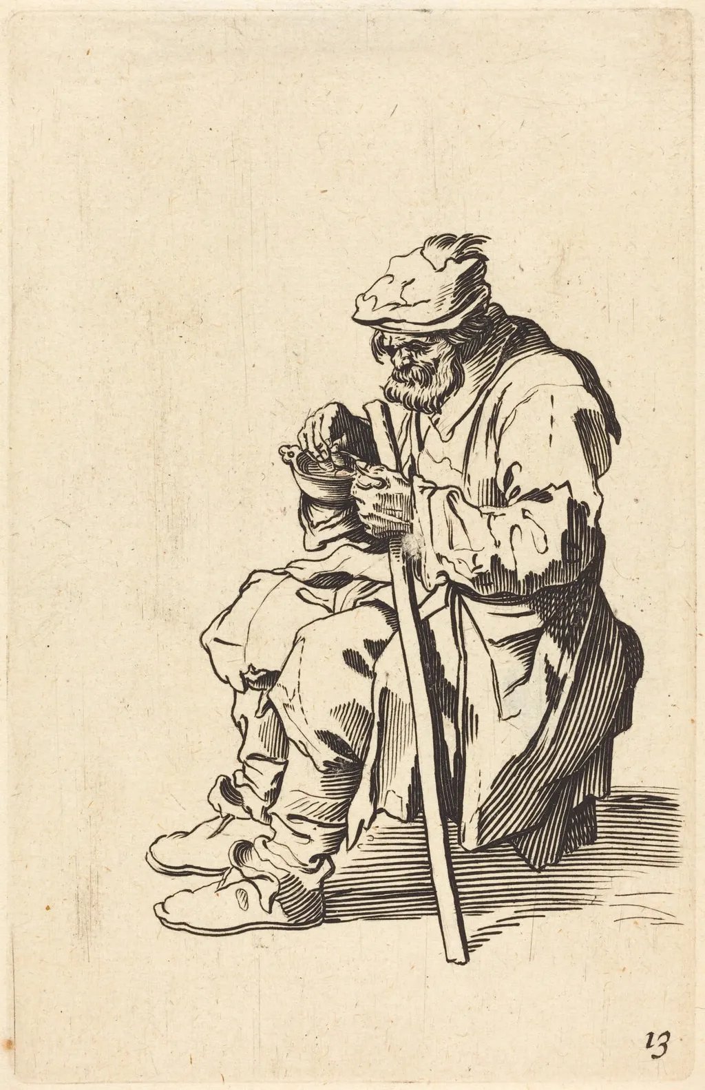 Beggar Eating, by French 17th Century, ink, 1622