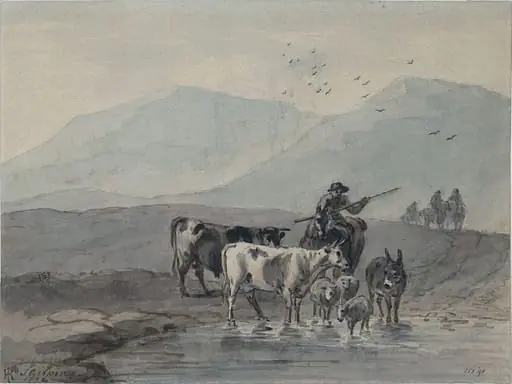 Mountain landscape, with cattle and figures, by Sawrey Gilpin, watercolor, 1784