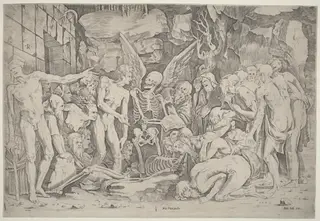 The Skeletons, by Marco Dente, ink, 1518