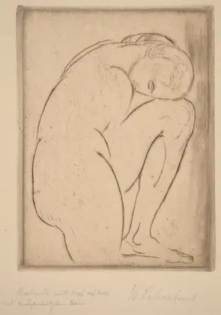 Badende mit Kopf auf Knie (Bather with Her Head on Her Knee), by Wilhelm Lehmbruck, ink, 1913