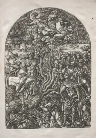 The Apocalypse:  Babylon the Harlot, Seated on the Seven-headed Beast, by Jean Duvet, 1551
