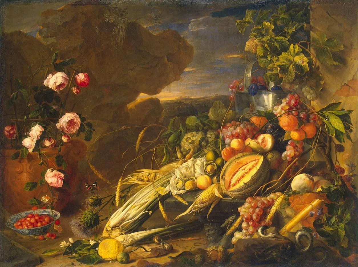 Fruit and a Vase of Flowers, detail