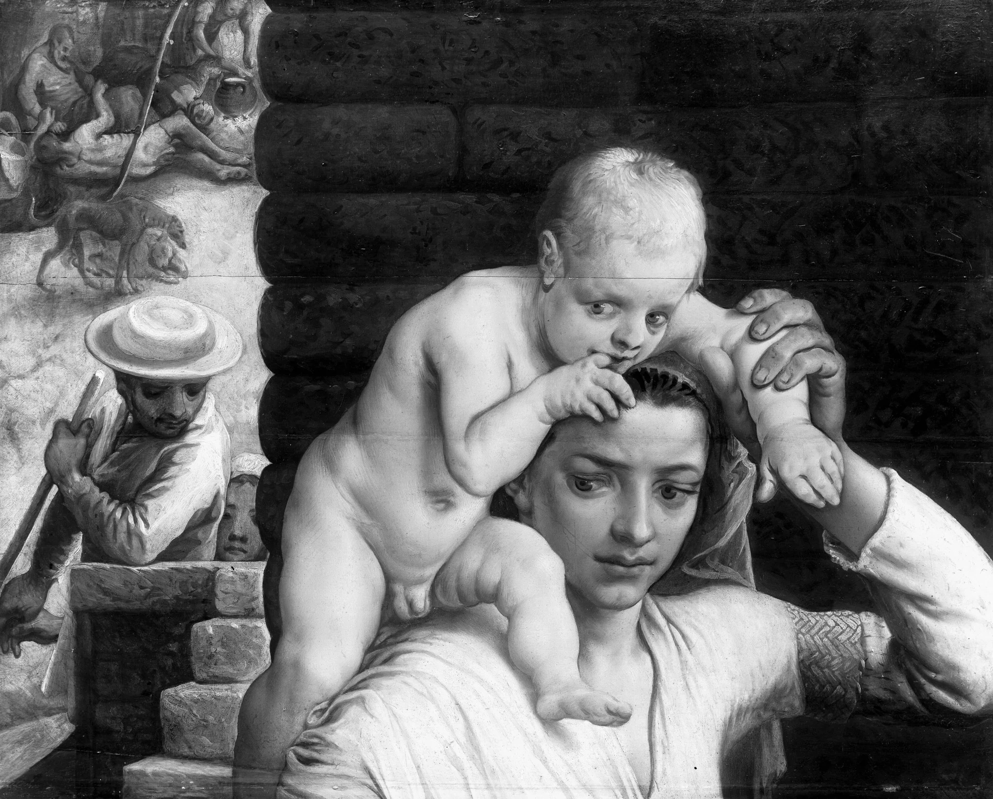 Young woman, carrying a child on her shoulder, detail