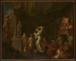 In the sculptor's studio, by Balthasar van den Bossche, oil, 1705