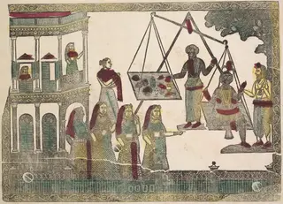 Krishna weighed against precious objects(?) (verso), from a Kalighat album, by Shri Gobinda Chandra Roy, unspecified, 1890