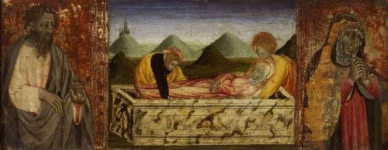 The Entombment of the Virgin with Saint Bartholomew (left) and a Female Saint (right), detail