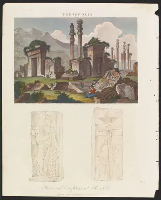 Persepolis.  Ruins and Sculptures at Persepolis, by J. Pass, ink, 1823