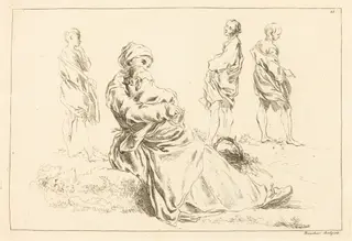 Figure Studies including Seated Mother and Child, by François Boucher, ink, 1735