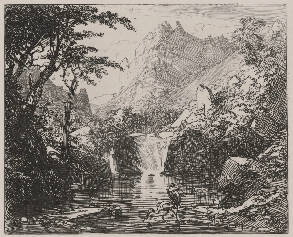 Mountain View with Waterfall and Water Birds, by Caspar Johann Nepomuk Scheuren, ink, 1842