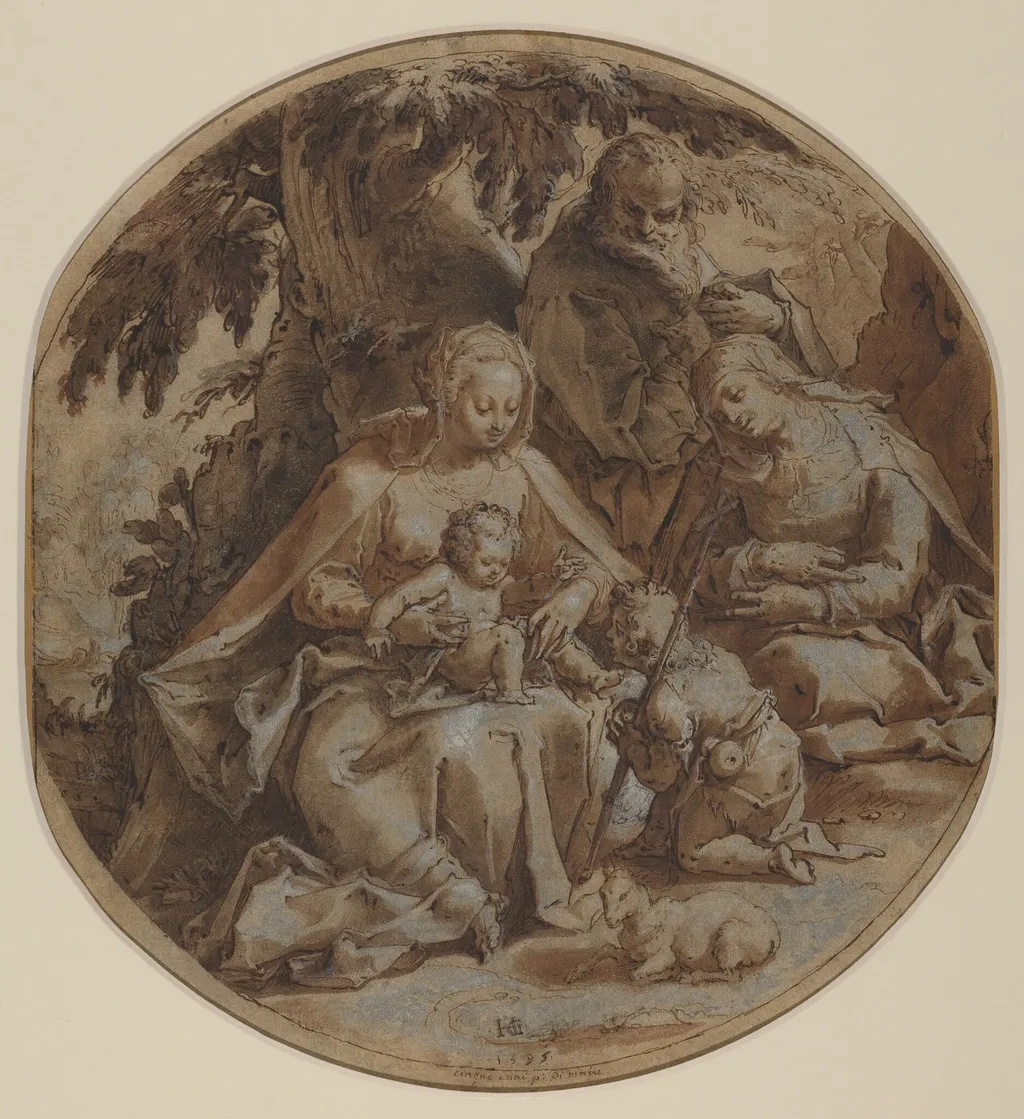 The Holy Family with Saint Elizabeth and Saint John the Baptist, by Hendrick Goltzius, ink, 1595