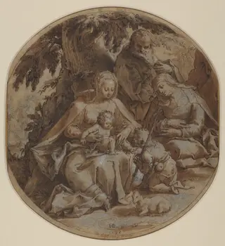 The Holy Family with Saint Elizabeth and Saint John the Baptist, by Hendrick Goltzius, ink, 1595