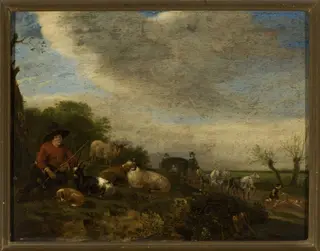 Shepherd with goats and sheep and a carriage on the right, by Johannes Lingelbach, oil, 1658