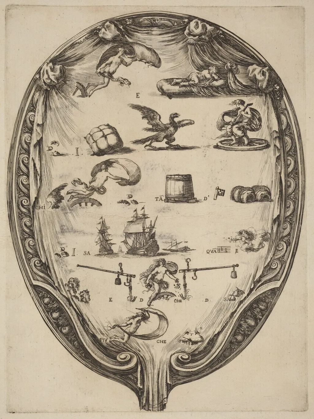 Screen Depicting the Italian Rebus of Fortune, by Stefano Della Bella, ink, 1637