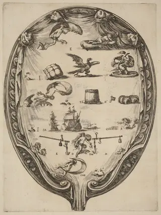 Screen Depicting the Italian Rebus of Fortune, by Stefano Della Bella, ink, 1637