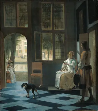 Man Handing a Letter to a Woman in the Entrance Hall of a House, by Pieter de Hooch, oil, 1670
