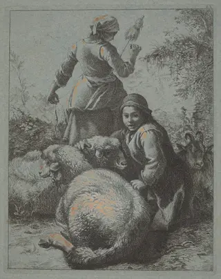 Woman Spinner and a Shepherd with Flock, by Francesco Londonio, gouache, 1758