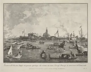 The Doge in the Bucintoro Leaving San Nicolò di Lido, by Giovanni Battista Brustolon, ink, 1764