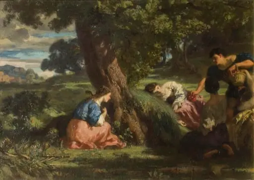 Cherries: a group of young women in a landscape, by Barthélemy Menn, oil, 1850