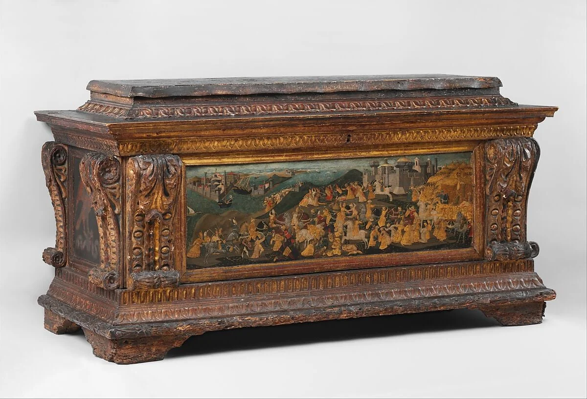 Cassone with painted front panel depicting the Conquest of Trebizond, detail