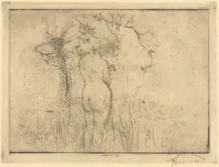 Eve before the Apple Tree (Eve de dos devant le pommier), by Albert Besnard, ink, 1892