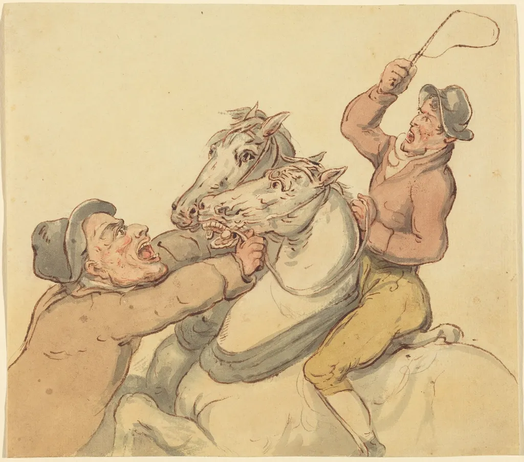 Drovers with a Pair of Rearing Horses, by Thomas Rowlandson, ink, 1792