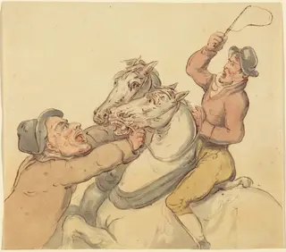 Drovers with a Pair of Rearing Horses, by Thomas Rowlandson, ink, 1792