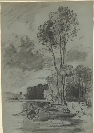 Landscape with Three Tall Trees, by Auguste Allongé, charcoal, 1860