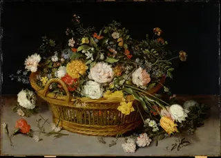 A Basket of Flowers, by Jan Brueghel, the elder, oil, 1624