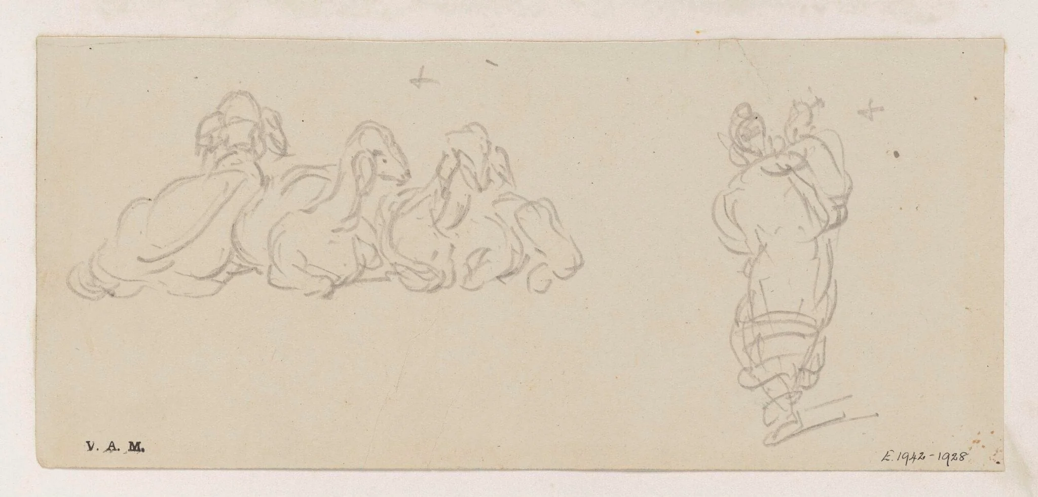 Three goats, and a boatwoman carrying a child, detail