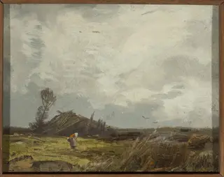 Countryside landscape with a hut, by Roman Kochanowski, oil, 1898
