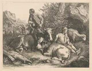 Two Shepherds with a Cow and Calf, by Francesco Londonio, ink, 1776